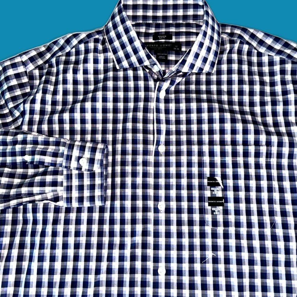 Pronto Uomo Shirt Men’s 17 34/35 Adult Blue Casual Button Down Slim Checkered